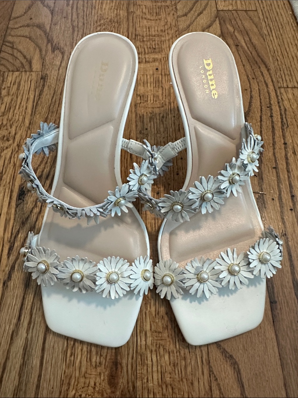 Dune London White Floral Pearl-Accent Slide Sandals